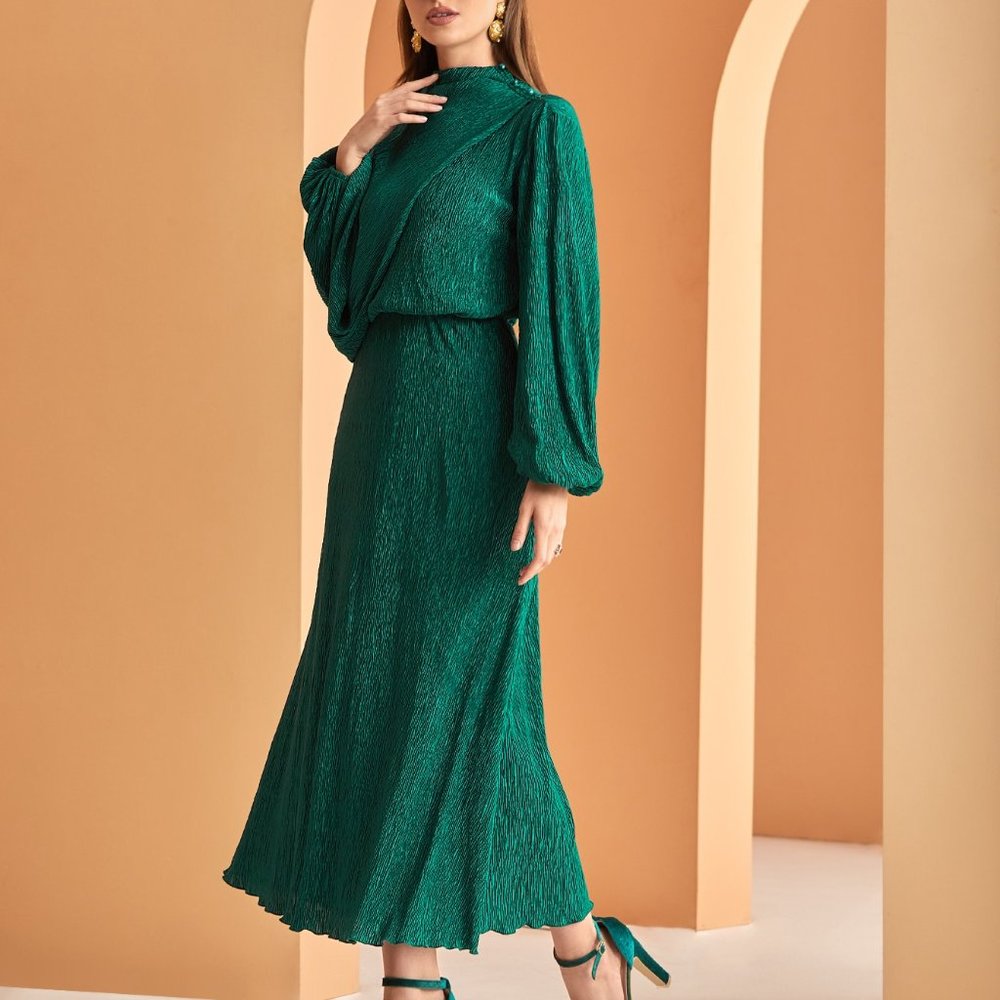 New Lantern Sleeve Mock Neck Plisse Dress Without Chain Green